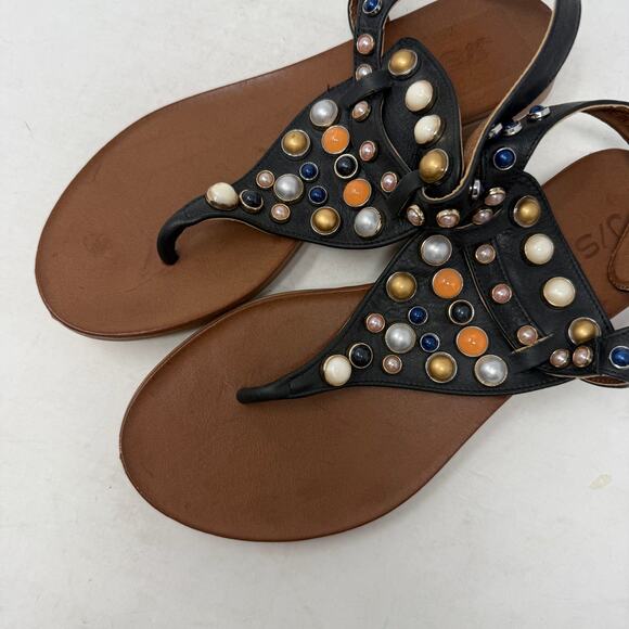 J/Slides Black Beaded Gemstone T-Strap Sandals Size EU 37 - Picture 2 of 11